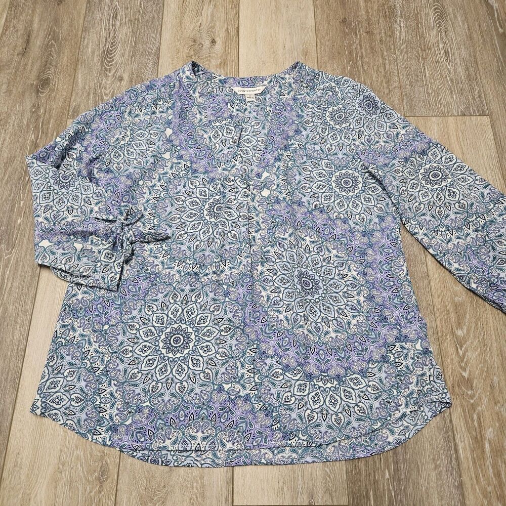 Counterparts Relaxed Fit Paisley Blouse 3/4 Sleeve Blue V Neck Women's Medium
